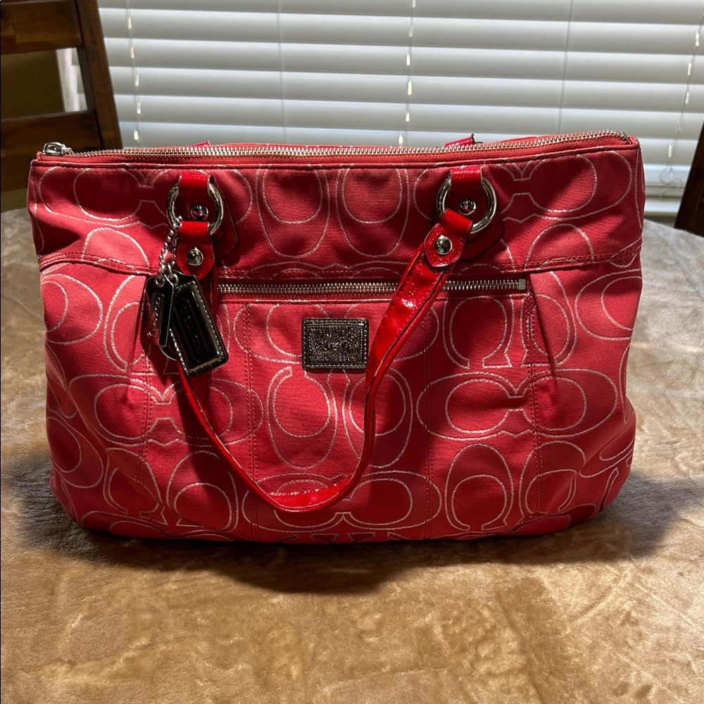 Coach Red Signature Shoulder Bag with silver accents